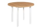 Easily combinable dining table LEVA in white/oak, round, dimensions Ø 100, table top height 32 mm, laminate top, stable wooden legs, modern design