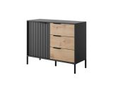 Narrow chest of drawers with soft-close system Fouchana 11, color: black / oak Artisan - Dimensions: 81 x 103 x 39.5 cm (H x W x D), with three drawers