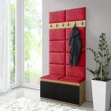 Wardrobe 01, 1 meter wide with upholstered bench | Artisan/Black/Red | Shoe cabinet with 2 tilt doors | for 8 pairs of shoes | 6 coat hooks | 4 compartments