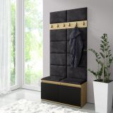 Wardrobe 01 with upholstered bench and wall, Artisan/black/black, shoe cabinet with 4 compartments, 215x100x40 cm, for 8 pairs of shoes, 6 coat hooks