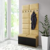 Small coat rack 01 for 8 pairs of shoes, with upholstered bench, Artisan/Black/Naples Yellow, 15x100x40 cm, 6 coat hooks, 4 compartments, shoe cabinet