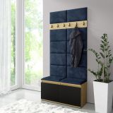 Wardrobe 01 with upholstered bench 1 meter wide, shoe cabinet for 8 pairs of shoes, Artisan/black/deep blue, 215 x 100 x 40 cm, 4 compartments, 6 coat hooks