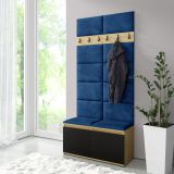 Narrow coat rack 01 with upholstered bench, color: Artisan/black/navy, 215 x 100 x 40 cm, for 8 pairs of shoes, 6 coat hooks, 4 compartments