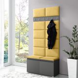 Wardrobe 01 with bench and upholstered wall, Graphite/Naples Yellow, 215 x 100 x 40 cm, shoe cabinet for 8 pairs of shoes, 6 coat hooks, 4 compartments