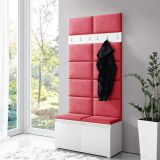 Narrow coat rack 01 with upholstered bench, color: white/red, 215 x 100 x 40 cm, for 8 pairs of shoes, 6 coat hooks, 4 compartments