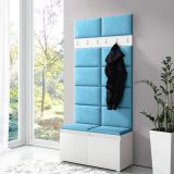 1 meter wide coat rack 01 with turquoise upholstered panels for bench and wall, white/turquoise, for 8 pairs of shoes, 6 coat hooks, 4 compartments, shoe cabinet