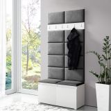 Narrow dressing room / wardrobe 01 with upholstered bench & wall, white/light black, 215 x 100 x 40 cm, for 8 pairs of shoes, 6 coat hooks, 4 compartments