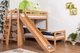 Children's bunk bed Pauli solid beech wood natural with shelf and slide incl. rolling frame - 90 x 200 cm, divisible