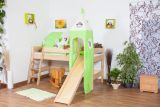 Tom loft bed with slide and tower incl. roll-up frame - Material: solid natural beech, color: clear lacquered