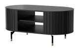 Coffee table Annelin 14, oval, in black, metal legs in black gold, 104 x 56 x 47 cm, with decorative strips, 15 cm high legs, 2 open compartments, living room