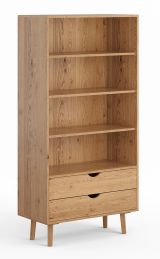 Mina 05 shelf in solid wild oak, 180 x 90 x 40 cm, 4 compartments, 3 shelves, 2 drawers with soft close, feet 15 cm high, oiled wood, natural