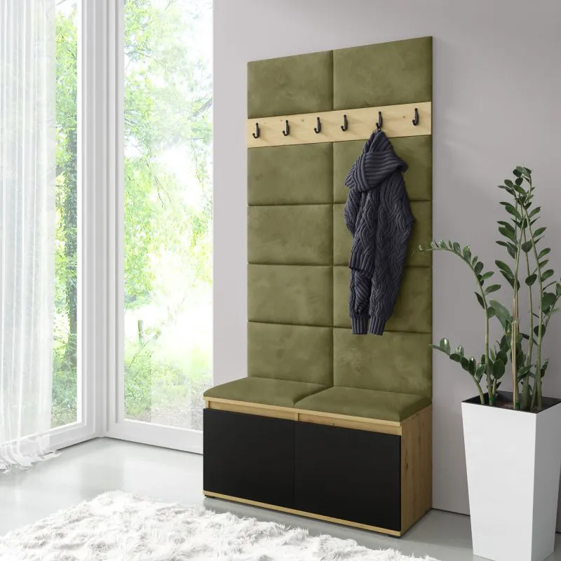 Space-saving coat rack 01 with upholstered bench/wall, Artisan/black/olive, 215 x 100 x 40 cm, for 8 pairs of shoes, 6 coat hooks, 4 compartments