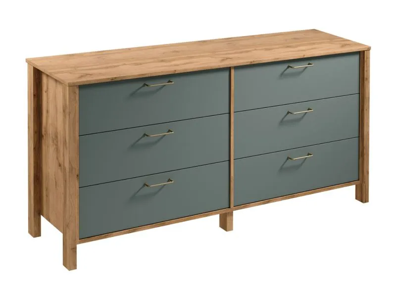 Chest of drawers / sideboard Braianik 21, color: oak Wotan / green, 81 x 171 x 47 cm, metal handles, 6 spacious drawers, living room, bedroom