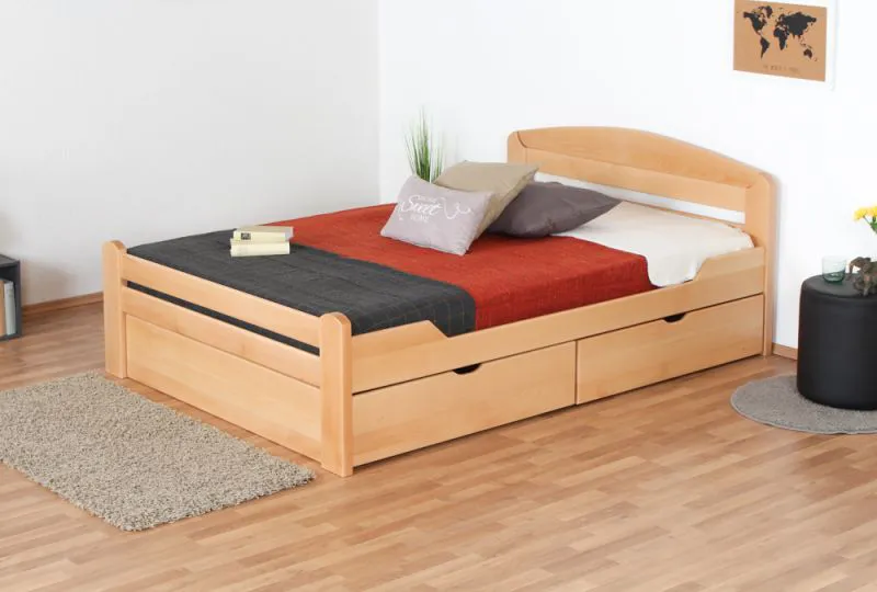 Single bed / guest bed "Easy Premium Line" K5, incl. 2 drawers and 1 cover panel, 140 x 200 cm solid beech wood natural, incl. slatted frame