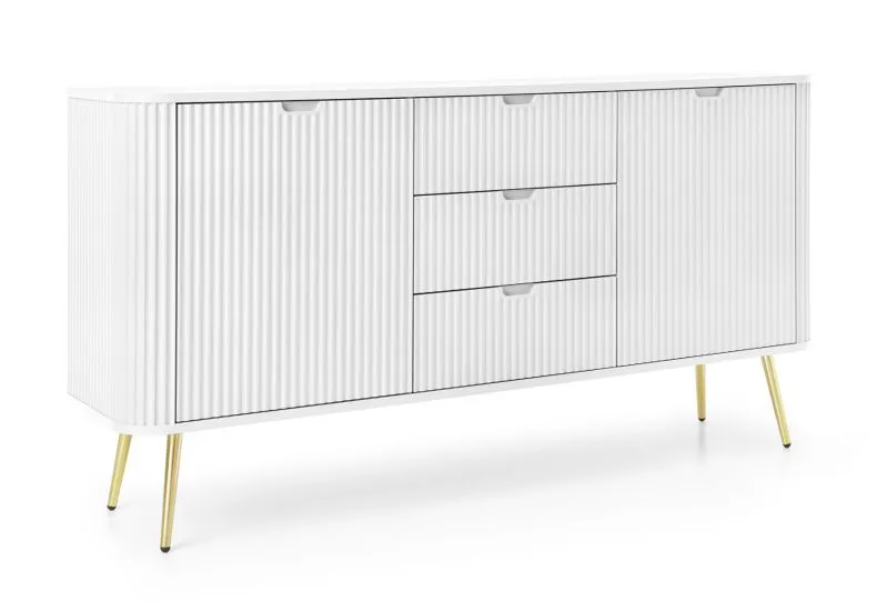 Chest of drawers Makreb 10 in white, 87 x 168 x 61.5 cm, soft close, 3 drawers, milled fronts, metal legs in gold, 4 compartments, 2 doors, ABS