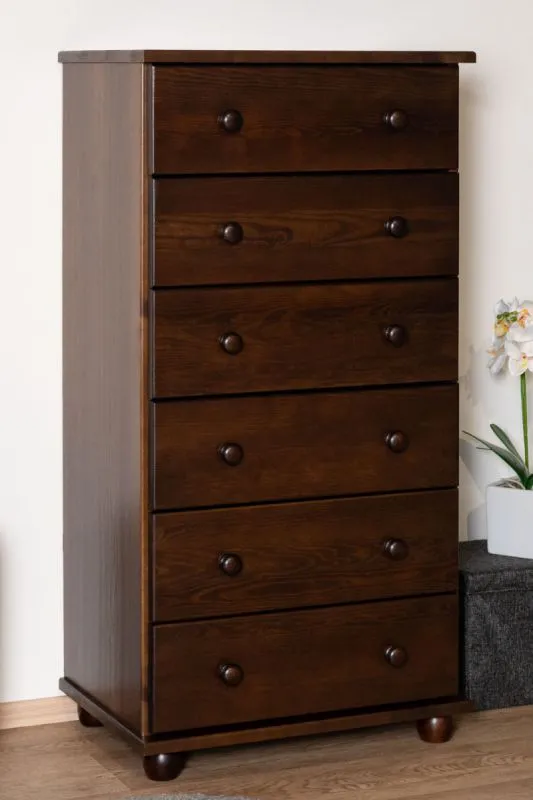 High chest of drawers with 6 large drawers Junco 135, walnut-colored, solid pine wood, 118 x 60 x 42 cm, lots of storage space, attractive design, durable