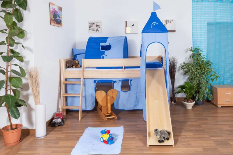 Tom children's bed / loft bed with slide and tower incl. rolling frame - Material: solid natural beech, color: clear lacquered