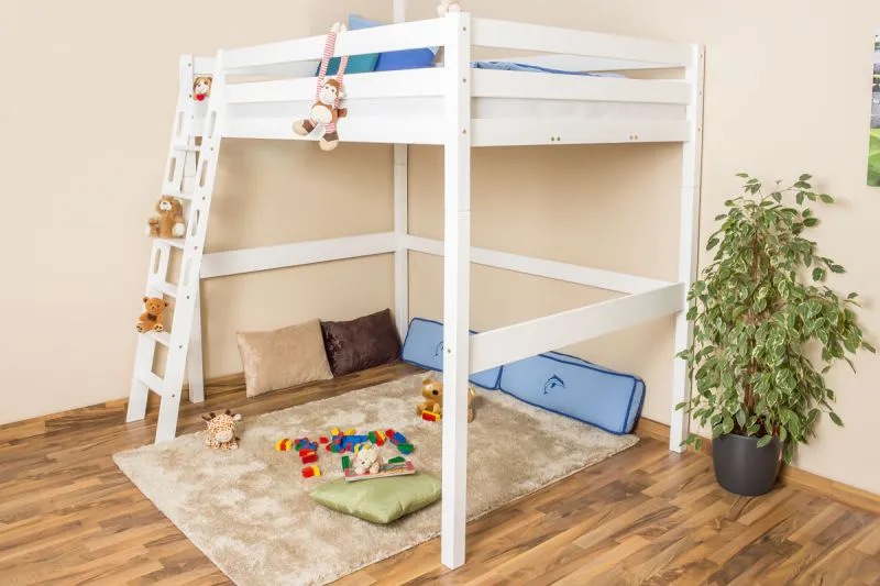 Andreas loft bed, solid beech, white lacquered, incl. rollaway frame - 140 x 200 cm