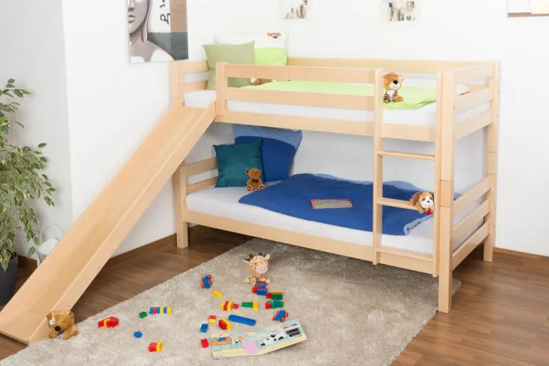 Bunk bed / play bed David solid beech natural with slide, incl. rolling frame - 90 x 200 cm, divisible