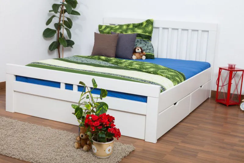 Double bed / functional bed "Easy Premium Line" K8 incl. 2 drawers and 1 cover panel, 160 x 200 cm solid beech wood, white lacquered